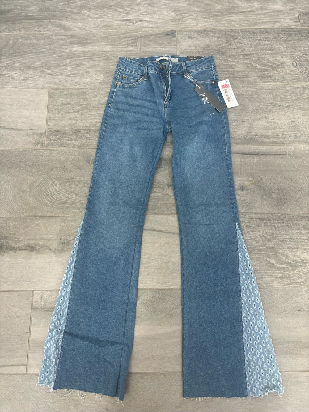 Tractr Medium Blue Flare Jeans with Patterned Side Panels